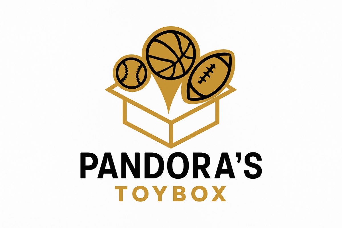 Logo of Pandora's Toybox with sports balls on a white background
